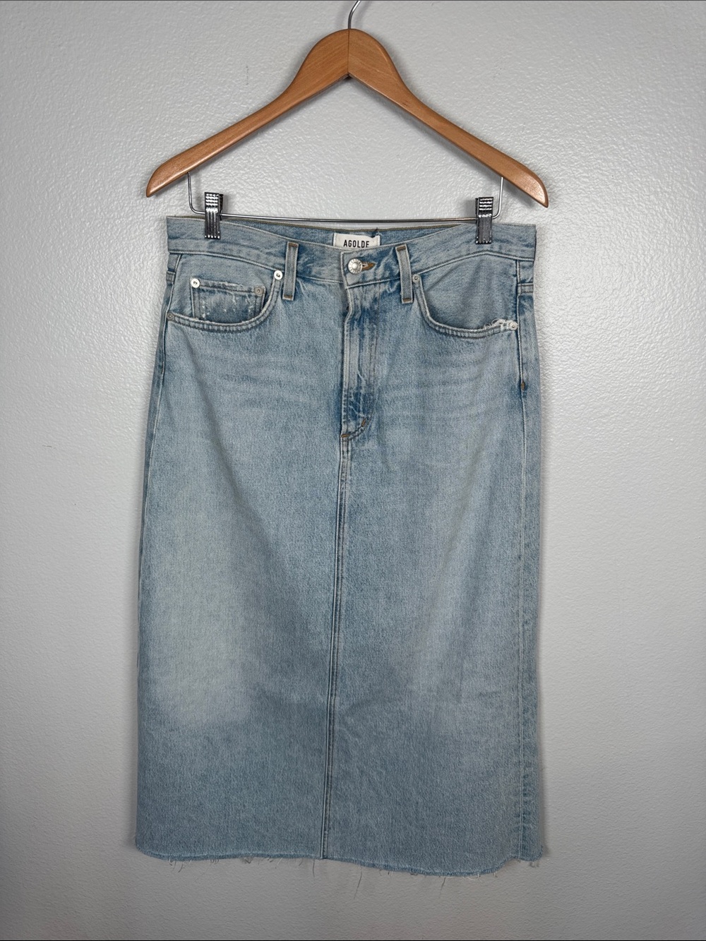 Agolde Hilla Light Blue Cotton Denim Maxi Skirt with frayed hem size 28 - Picture 2 of 10